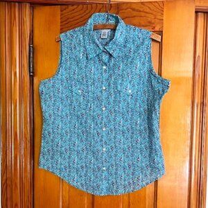 Wrangler Wrancher Blue Paisley Sleeveless Snap Button Shirt Woman's Size Medium